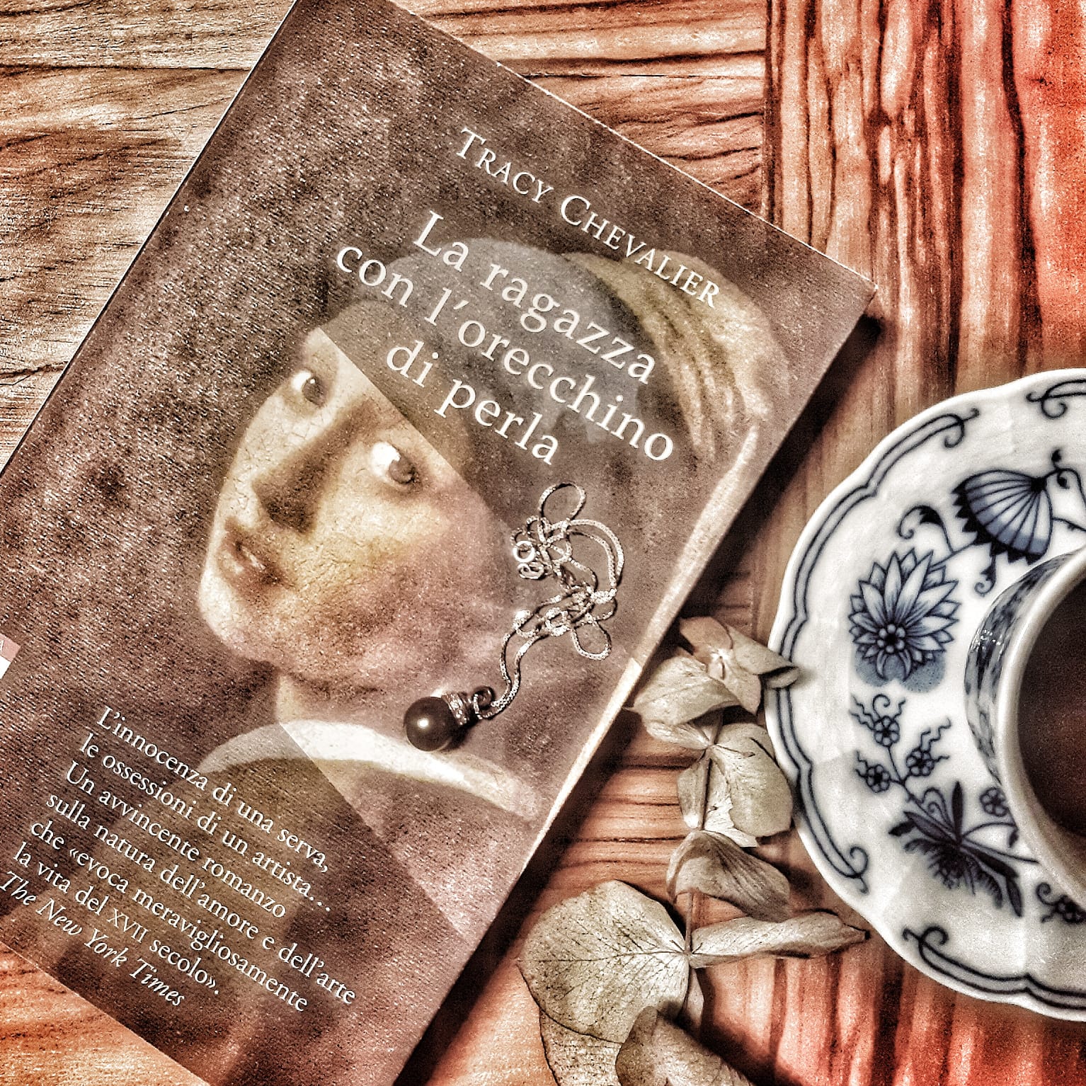 Copertina del romanzo edito da Neri Pozza con una tazza in ceramica bianca ed azzurra...come quelle piastrelle descritte nel romanzo dipinte dal padre di Griet